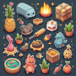 A digital illustration features a collection of whimsical objects, including a pineapple, lizard, pot, cake, fire, box, and fruit, arranged against a dark blue backdrop.