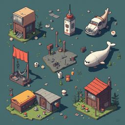 A digital illustration features six whimsical buildings and objects, including a house, shed, gas station, car, whale, birdhouse, and mushrooms, set against lush green terrain.