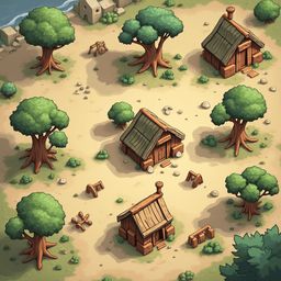 A digital illustration features six wooden cabins in a forest setting, with trees, rocks, and tools scattered around.