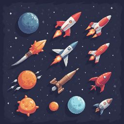 A digital illustration of nine colorful rockets in space, accompanied by planets and stars.