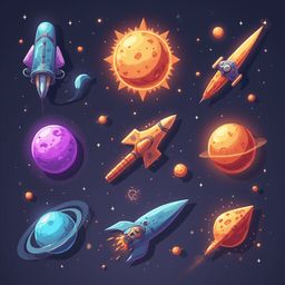 A digital illustration showcases a vibrant space scene, featuring planets, stars, rockets, and a sun, all in a playful and whimsical style.