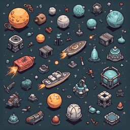 A diverse collection of colorful, whimsical spaceships and vehicles populates a dark blue space scene.
