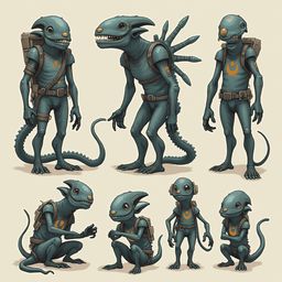 Eight alien creatures with blue bodies, orange accents, and backpacks are depicted in various poses against a light beige backdrop.