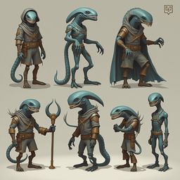 Eight alien-like creatures with blue bodies, varied poses, and accessories are depicted against a light beige backdrop.
