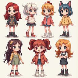 Eight cartoon girls in various outfits stand against a light beige background, displaying diverse hairstyles, colors, and accessories.