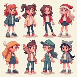 Eight cartoon girls in various outfits stand against a light yellow background, displaying diverse hairstyles, colors, and accessories.