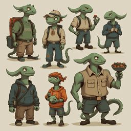 Eight cartoon reptiles in various outfits and poses, displaying diverse expressions and actions.