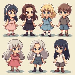 Eight diverse cartoon children, each with unique outfits and hairstyles, stand in a neat row against a light yellow backdrop.