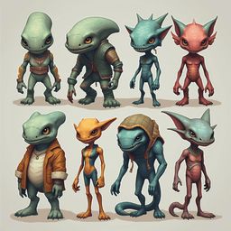 Eight fantastical creatures, each unique in color and form, stand against a light beige backdrop, displaying diverse expressions and poses.