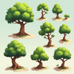 Eight stylized trees with brown trunks and green foliage are arranged in a 2x4 grid against a light blue backdrop.