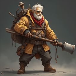 An elderly man with white hair, beard, and sunglasses wears a yellow jacket and carries a large backpack and hammer in a rocky, barren landscape.