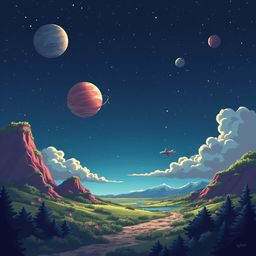 A fantastical landscape features red and white planets, a red airplane, a river, green hills, trees, and pink flowers under a starry night sky.