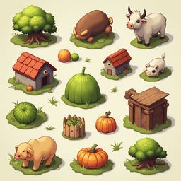 A farm scene features houses, animals, and plants in pastel colors, creating a whimsical and tranquil atmosphere.