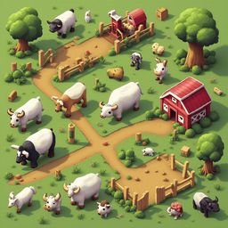 A farm scene features various animals, including cows, sheep, and a pig, grazing near a red barn and trees.