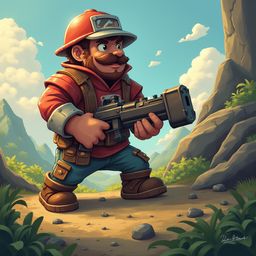 A firefighter character, equipped with a red helmet, brown jacket, and blue pants, stands on a rocky path in a mountainous landscape, holding a gun.
