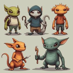 Five cartoon creatures, each with unique features and attire, stand against a light green backdrop.