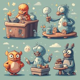 Five cartoon creatures engage in activities: cooking, drinking, painting, eating, and observing.