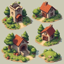 Five charming houses with red roofs and stone walls are scattered across a lush green landscape, each with unique features.