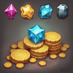 Five gems and gold coins in varying shapes and colors are arranged on a dark background.