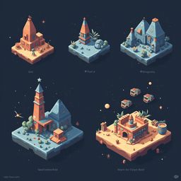 Five isometric illustrations showcase architectural structures on floating islands in various colors and styles.