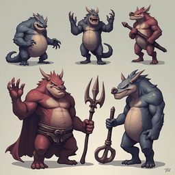 Five muscular, horned creatures in various poses and colors, holding weapons, stand against a light beige background.