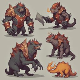 Five stylized creatures, each with unique features and weapons, stand and lie against a light gray backdrop.