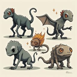 Five stylized creatures with unique features and poses are depicted in a cartoon-like style against a light beige background.