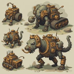 Five stylized robot creatures in various poses, primarily in orange and brown hues, display mechanical forms, spikes, and weapons.