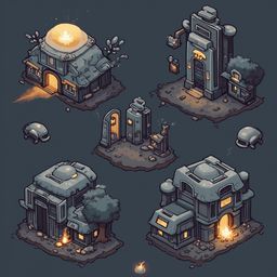 Five unique buildings, each with distinct features and colors, are scattered across a dark blue backdrop.