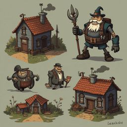 Five whimsical houses, each with unique characters and features, are arranged against a light green backdrop.