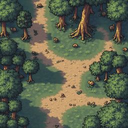 A forest scene features tall trees, a winding dirt path, and scattered small objects amidst lush greenery.