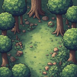 A forest scene features tall trees, scattered rocks, and lush green undergrowth, creating a natural landscape.
