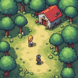 A forest scene features two characters, a blonde girl in red and a blue-skinned humanoid figure with a staff, near a red-roofed hut and a white bird.