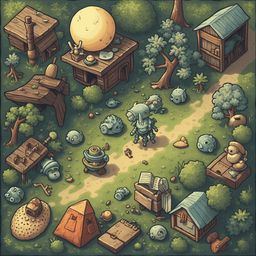 A forest scene features wooden structures, trees, rocks, animals, and objects, with a winding path and a central figure in blue and white.