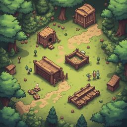 A forest village features wooden buildings, dirt paths, and lush greenery, with people scattered throughout.