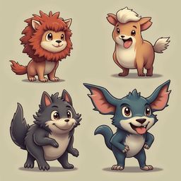 Four cartoon animals - a lion, a dog, a wolf, and a cat - interact in a playful scene.