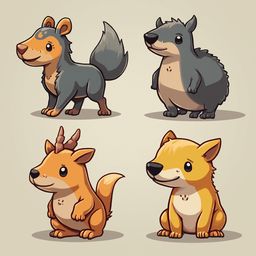 Four cartoon animals: a wolf-like creature, a hedgehog, a fox-like creature with horns, and a yellow dog-like creature.