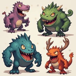 Four cartoon creatures with unique features and colors are depicted in a square grid.