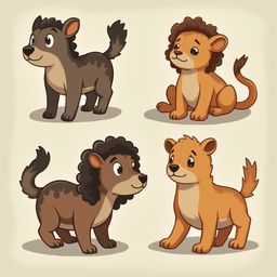Four cartoon lions with distinct mane colors and styles are depicted in various poses against a light beige background.