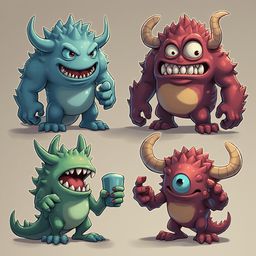 Four cartoon monsters in blue, red, green, and red with horns, display various expressions and actions.