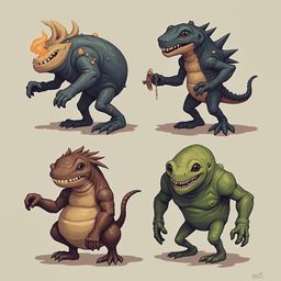 Four fantastical creatures, each with unique features and poses, are depicted against a light beige background.