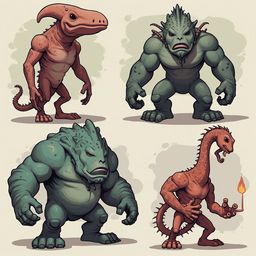 Four fantastical creatures with unique features and poses are illustrated against a light green backdrop.