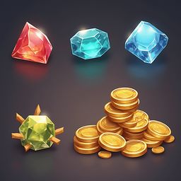 Four gems, three crystals and one gold coin, are arranged against a dark gray backdrop.