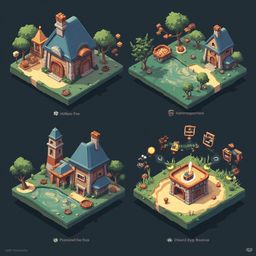 Four isometric illustrations showcase unique buildings, green landscapes, and colorful objects in a digital scene.