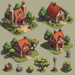 Four red-roofed houses with chimneys and trees are depicted in a digital illustration, accompanied by a red chest, green bucket, brown chest, and gold ball.