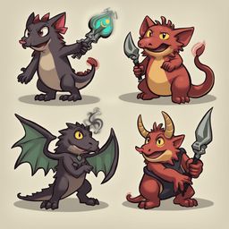 Four stylized creatures, each with unique features and weapons, stand against a light beige backdrop.