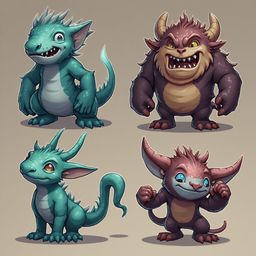 Four stylized creatures, including a blue fish-like creature, a brown horned monster, a green dragon-like creature, and a red-haired creature, are depicted against a light brown backdrop.