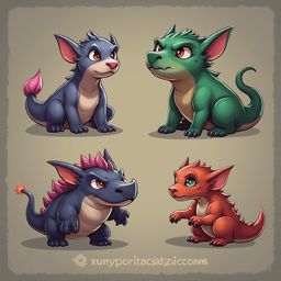 Four stylized dragons in various colors and poses are arranged in a 2x2 grid.