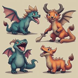 Four stylized dragons in various colors and poses, displaying unique features and expressions.