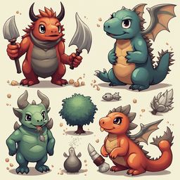 Four stylized dragons interact in a scene with tools, plants, and rocks, rendered in vibrant colors.
